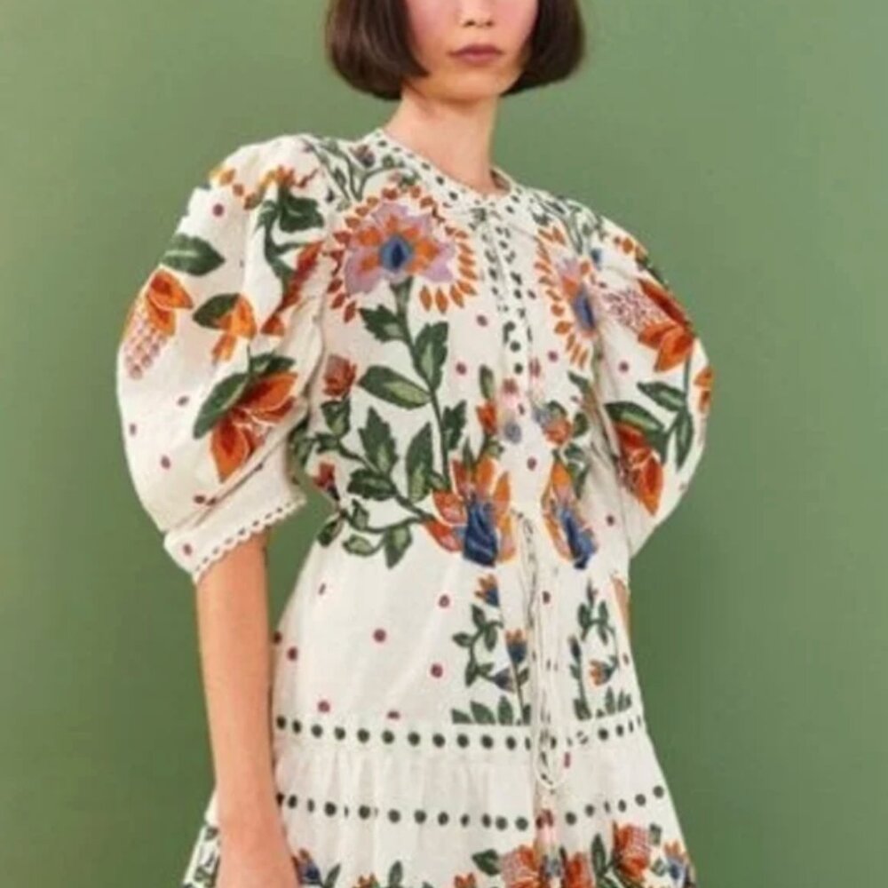 FARM Rio Floral Puff-Sleeve Dress | White with Floral Print | Size M